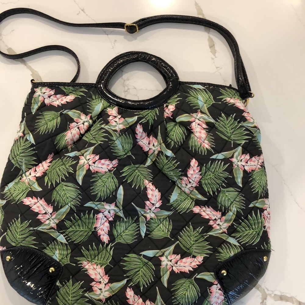 Maggi B Quilted Big hobo  cross-body bag Floral island leaf pattern handle black